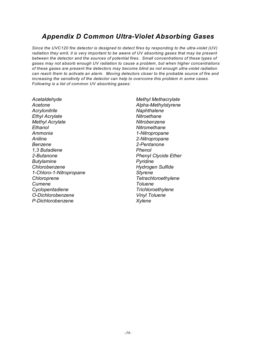 Emerson MAN -0016-00, UVC120 manual Appendix D Common Ultra-Violet Absorbing Gases 