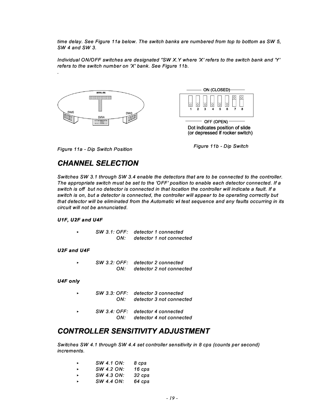 Emerson UVC120, MAN -0016-00 manual Channel Selection, Controller Sensitivity Adjustment, U1F, U2F and U4F, U4F only 