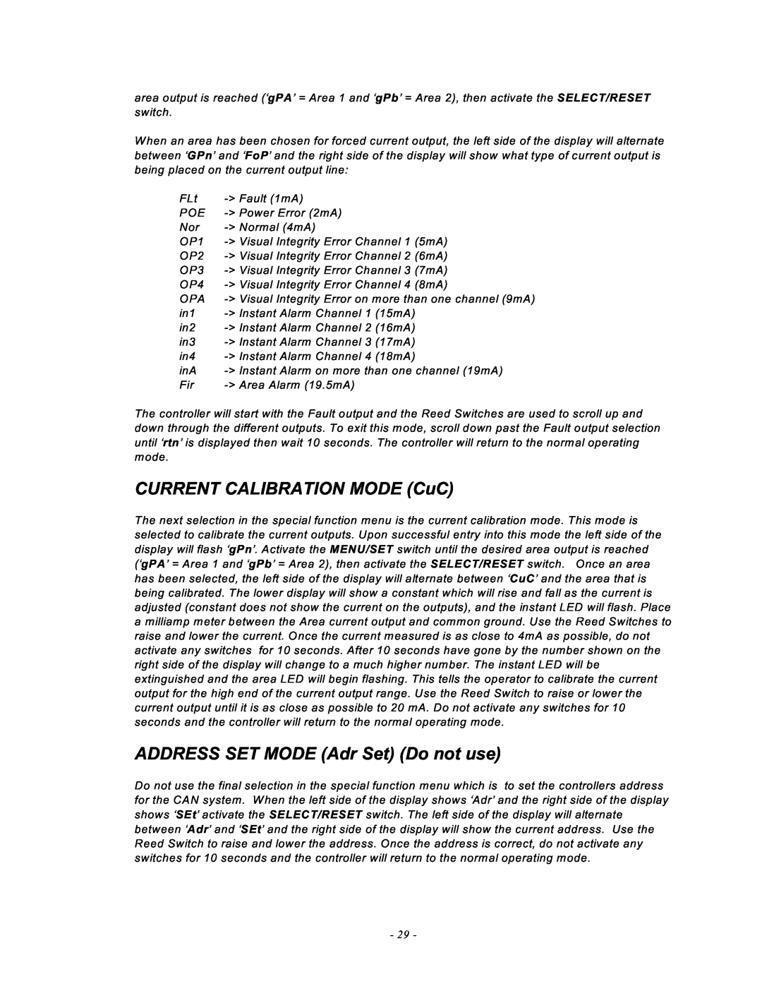Emerson MAN -0016-00, UVC120 manual CURRENT CALIBRATION MODE CuC, ADDRESS SET MODE Adr Set Do not use 