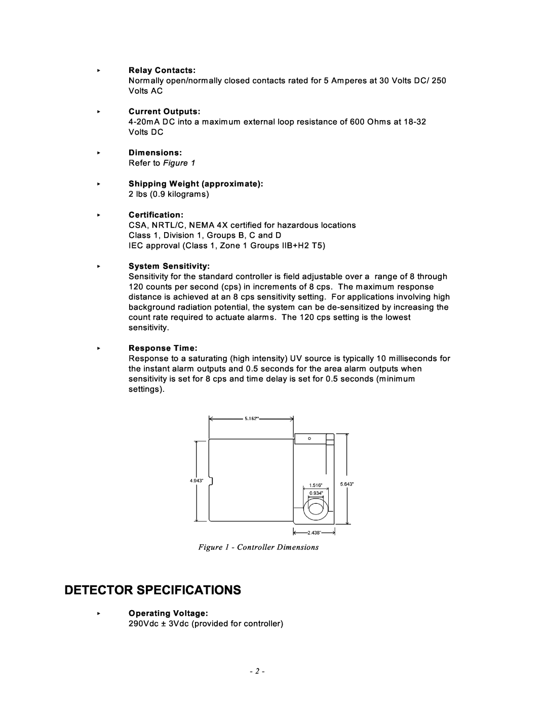 Emerson 0016-00 Detector Specifications, <Relay Contacts, <Current Outputs, <Dimensions: Refer to Figure, <Certification 