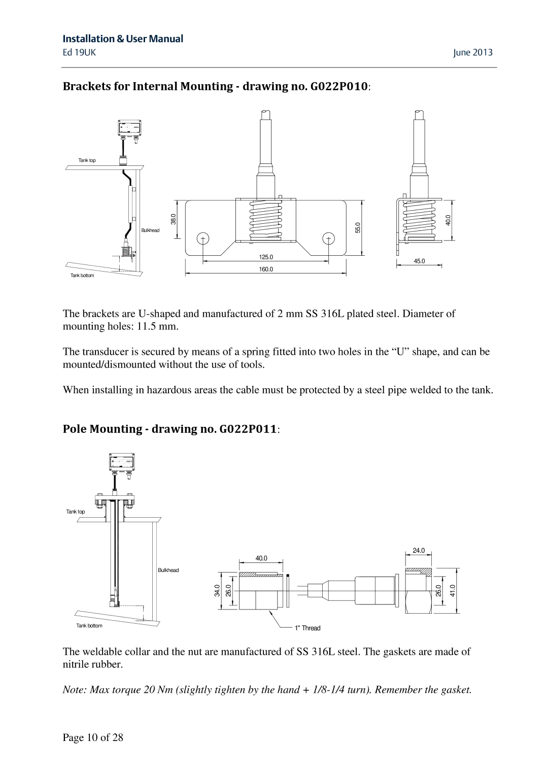 Emerson MAS 2600 user manual Brackets for Internal Mounting drawing no. G022P010, Pole Mounting drawing no. G022P011 