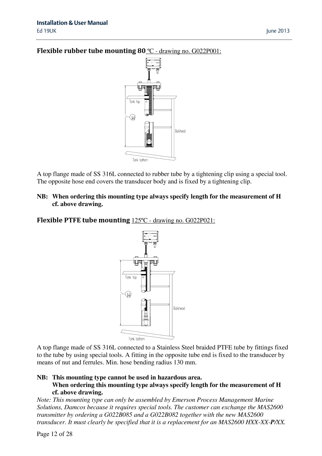 Emerson MAS 2600 user manual Flexible rubber tube mounting 80 ºC drawing no. G022P001 