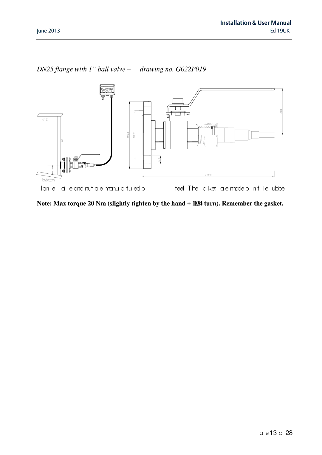 Emerson MAS 2600 user manual DN25 flange with 1 ball valve drawing no. G022P019 