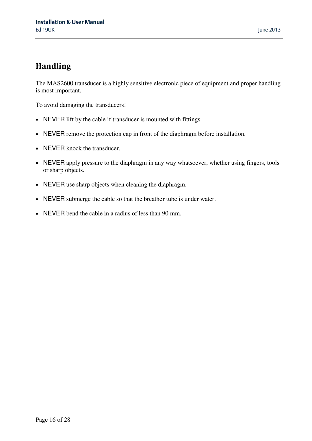 Emerson MAS 2600 user manual Handling 