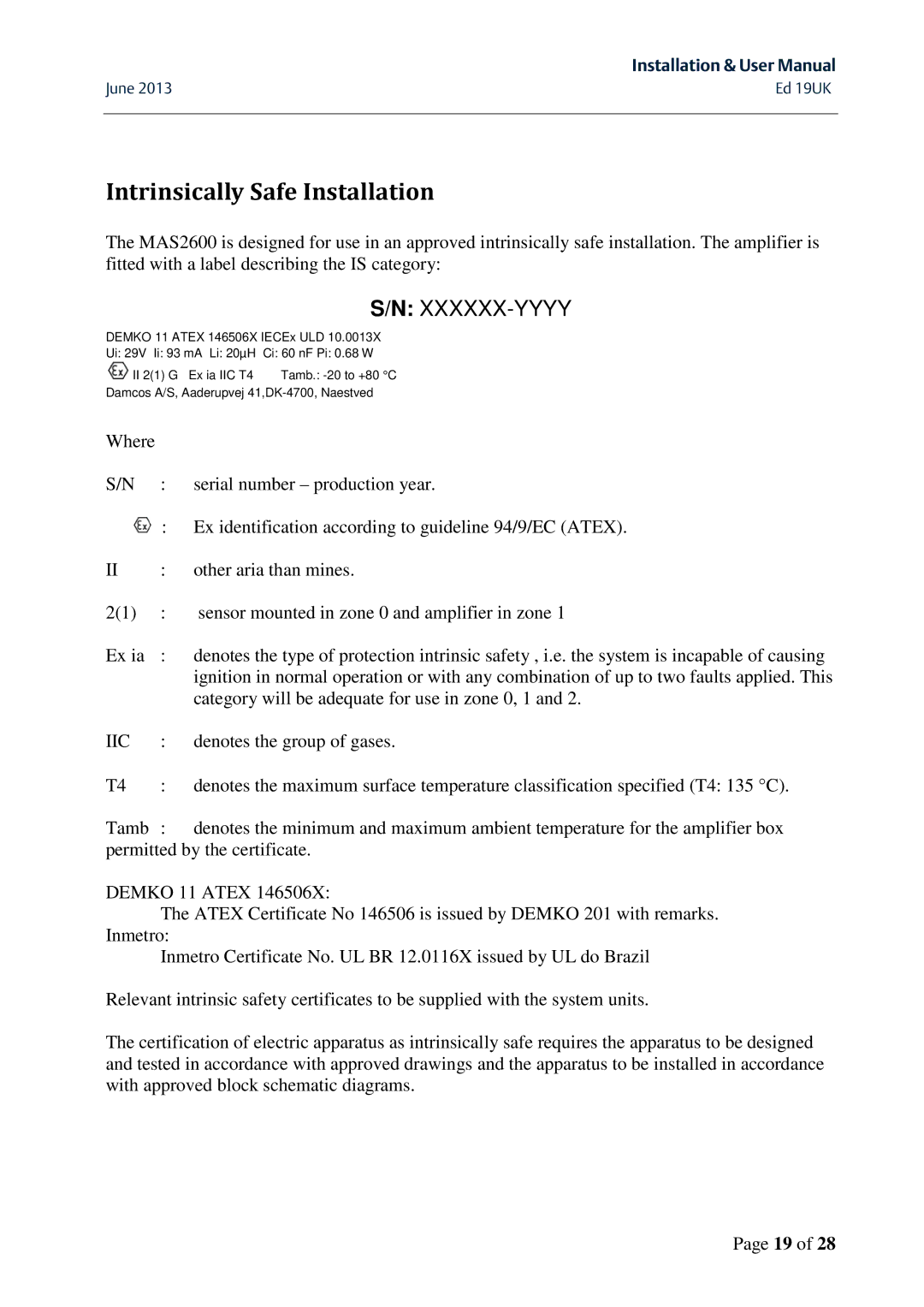 Emerson MAS 2600 user manual Intrinsically Safe Installation, Xxxxxx-Yyyy 