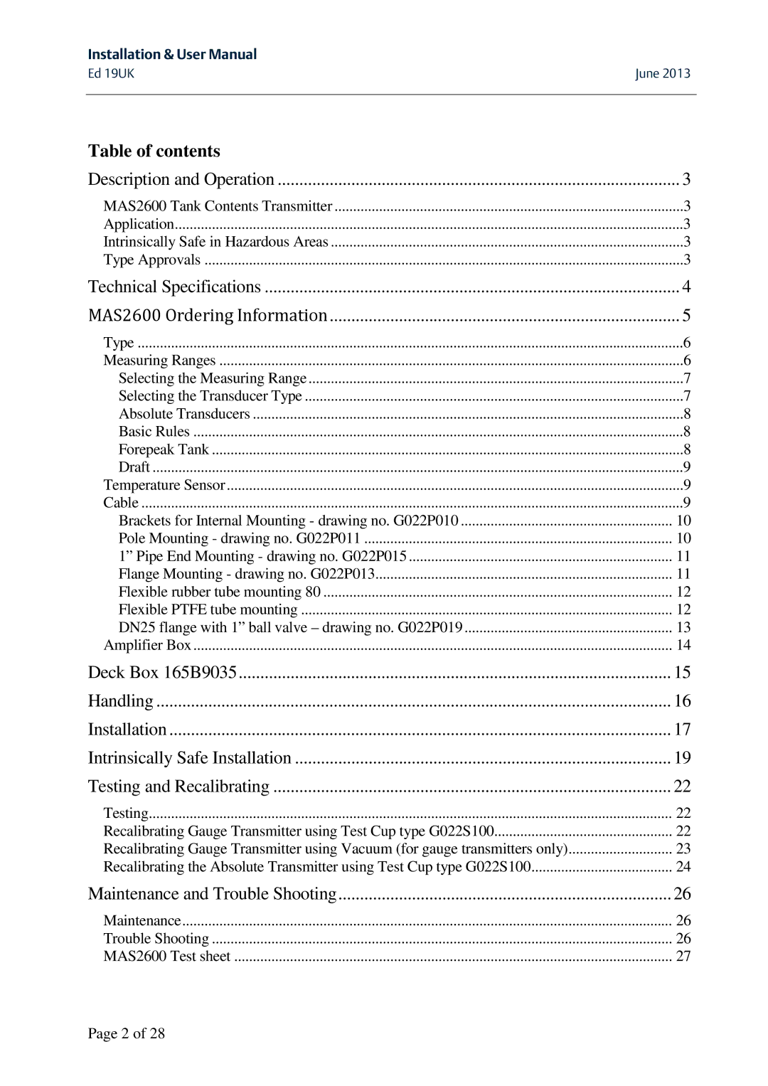 Emerson MAS 2600 user manual Table of contents 