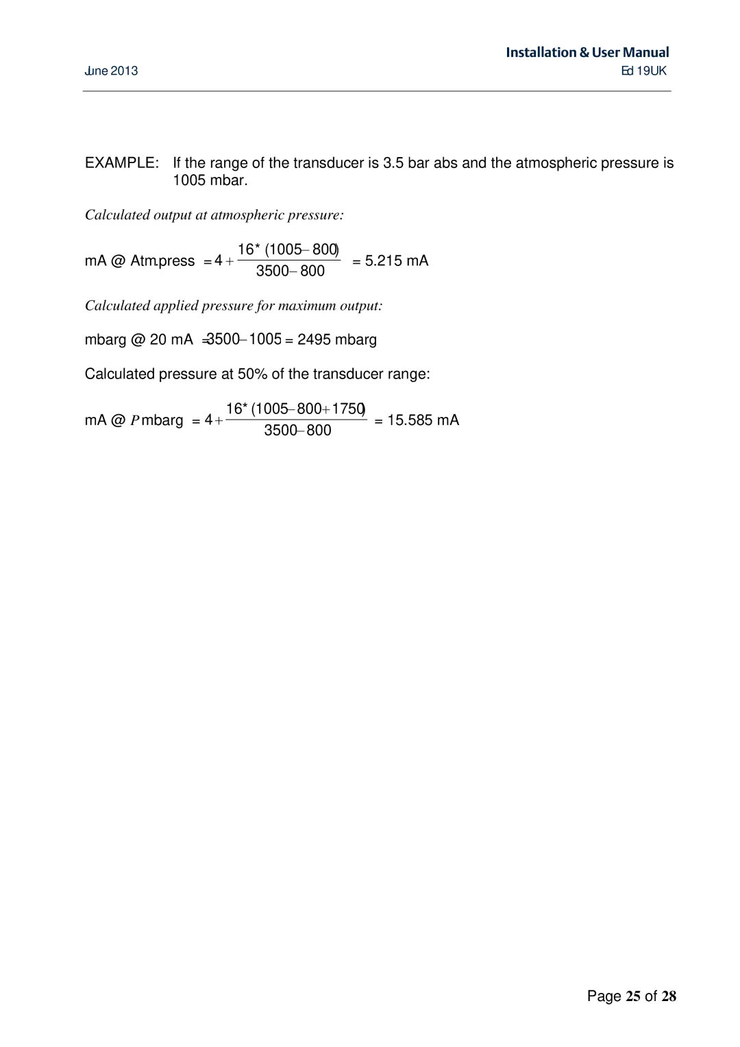 Emerson MAS 2600 user manual Calculated output at atmospheric pressure 