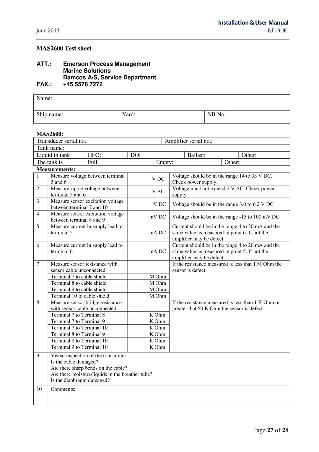 Emerson MAS 2600 user manual MAS2600 Test sheet, Fax 