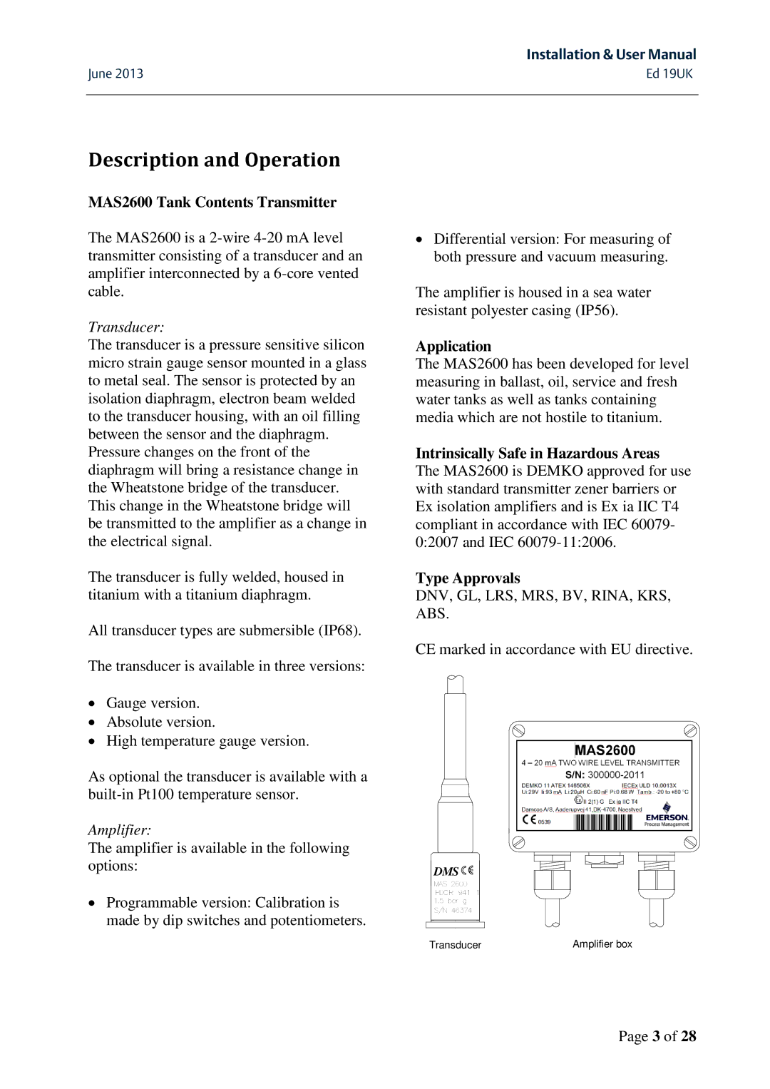 Emerson MAS 2600 user manual Description and Operation, MAS2600 Tank Contents Transmitter, Application 