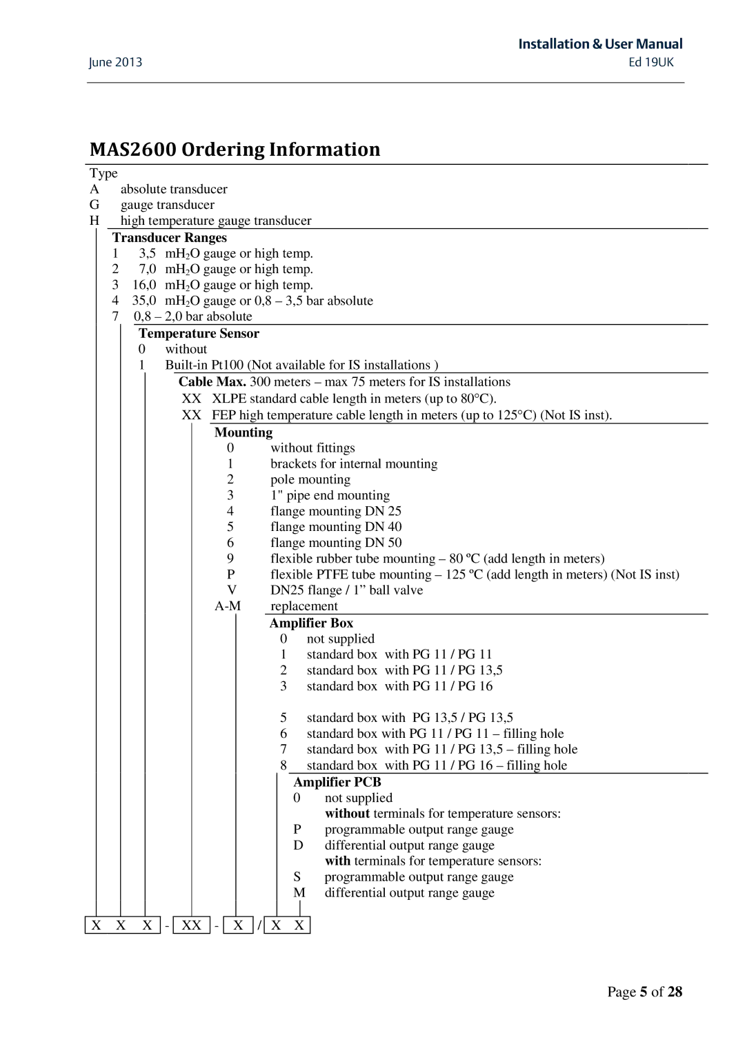 Emerson MAS 2600 user manual MAS2600 Ordering Information, Transducer Ranges 