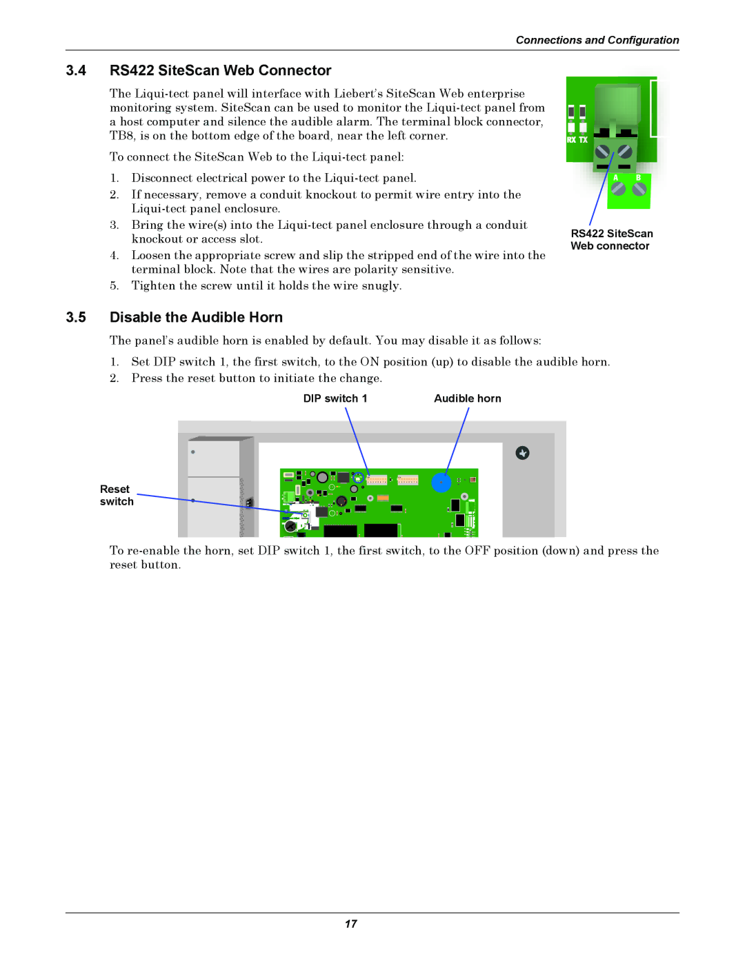 Emerson MC68HC16Z1 user manual RS422 SiteScan Web Connector, Disable the Audible Horn, RS422 SiteScan Web connector 