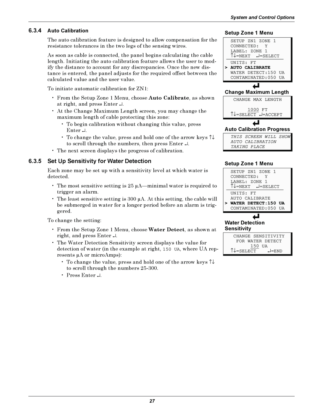 Emerson MC68HC16Z1 user manual 6.3.5Set Up Sensitivity for Water Detection, 6.3.4Auto Calibration, Setup Zone 1 Menu 