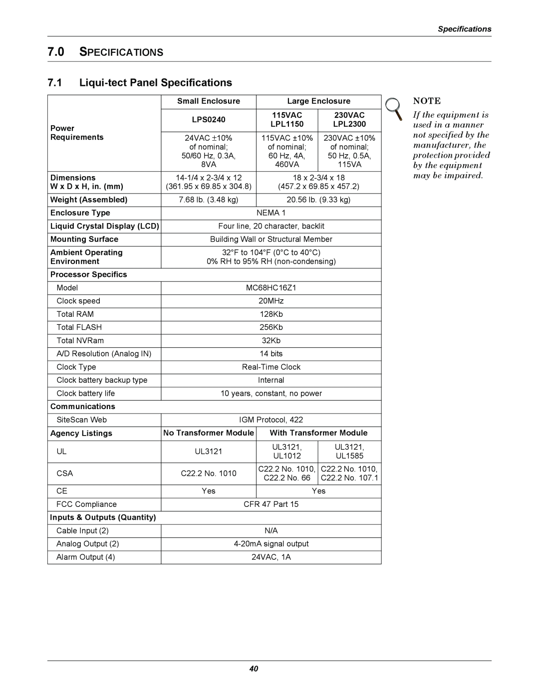 Emerson MC68HC16Z1 user manual 7.1Liqui-tectPanel Specifications, 7.0SPECIFICATIONS 