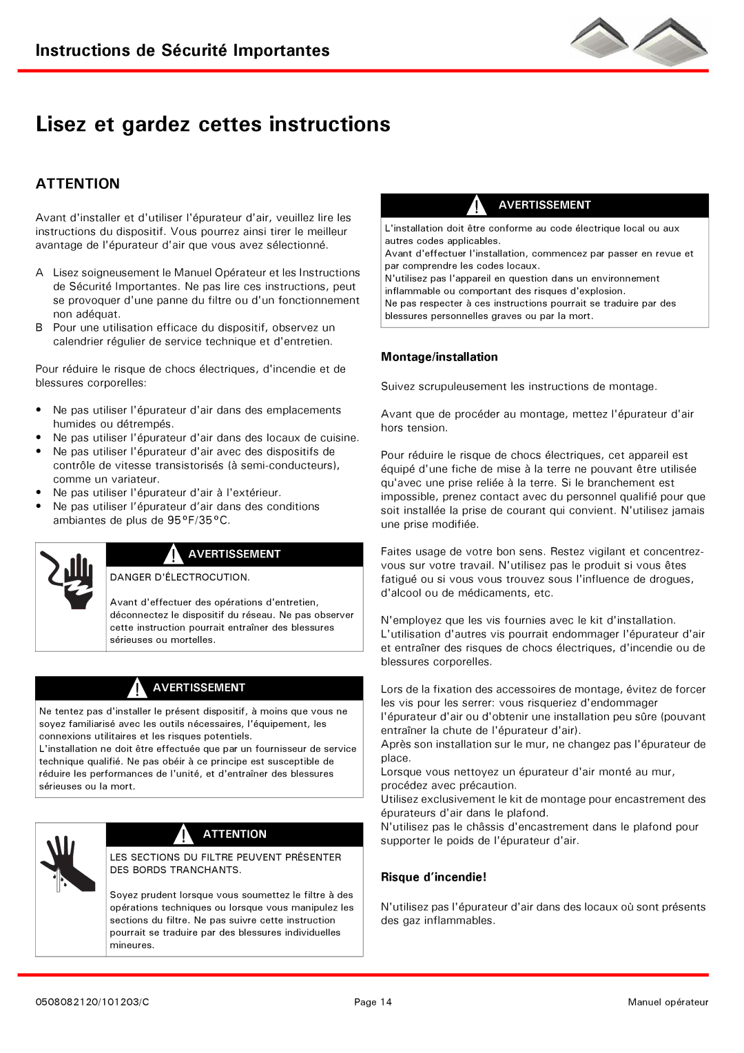 Emerson ECS750B, MCD1200W, MCS600B, ECD1500B Instructions de Sécurité Importantes, Montage/installation, Risque d’incendie 