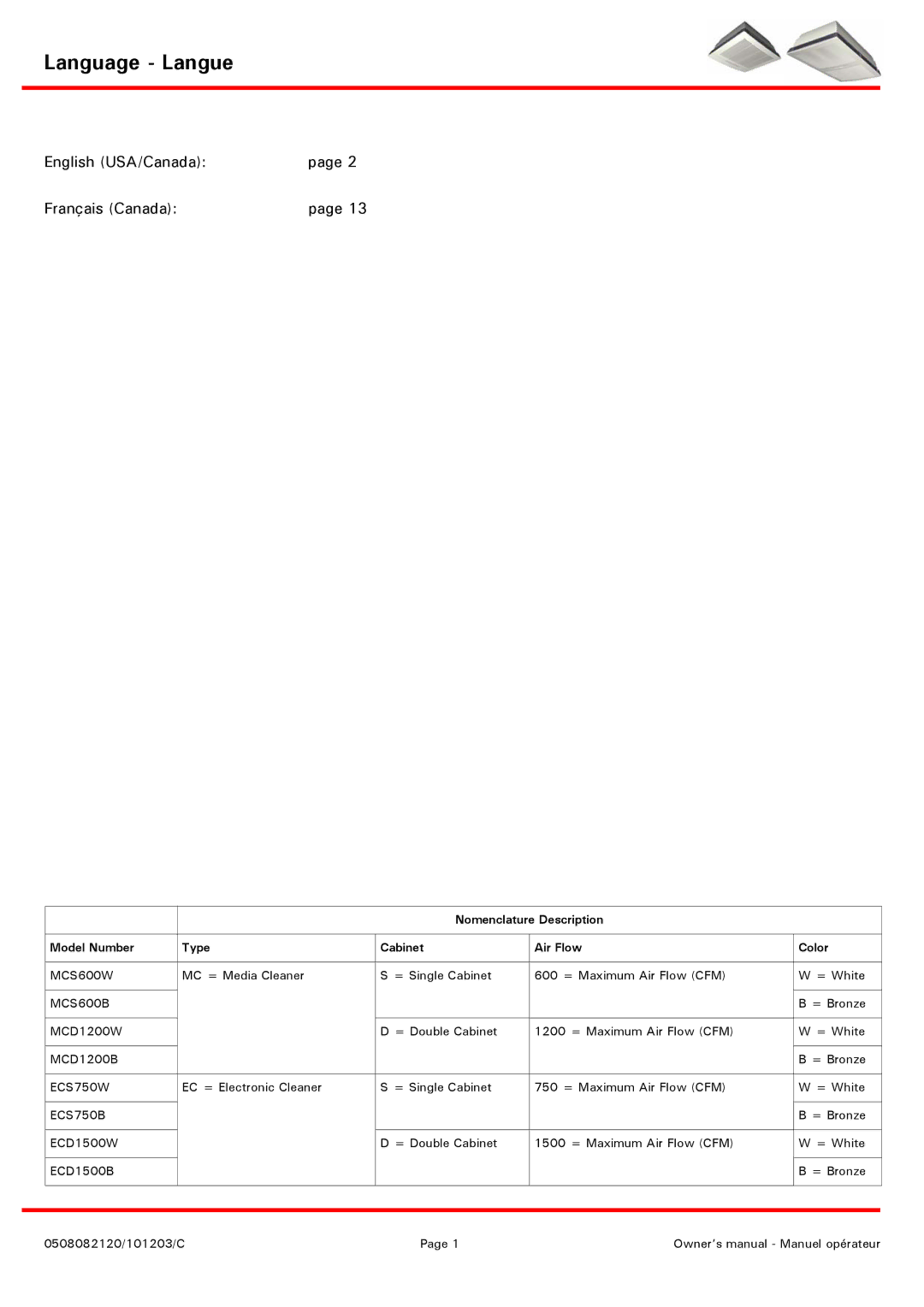 Emerson ECD1500B, MCD1200W, MCS600B, ECD1500W, ECS750B, MCS600W, MCD1200B Language Langue, English USA/Canada Français Canada 