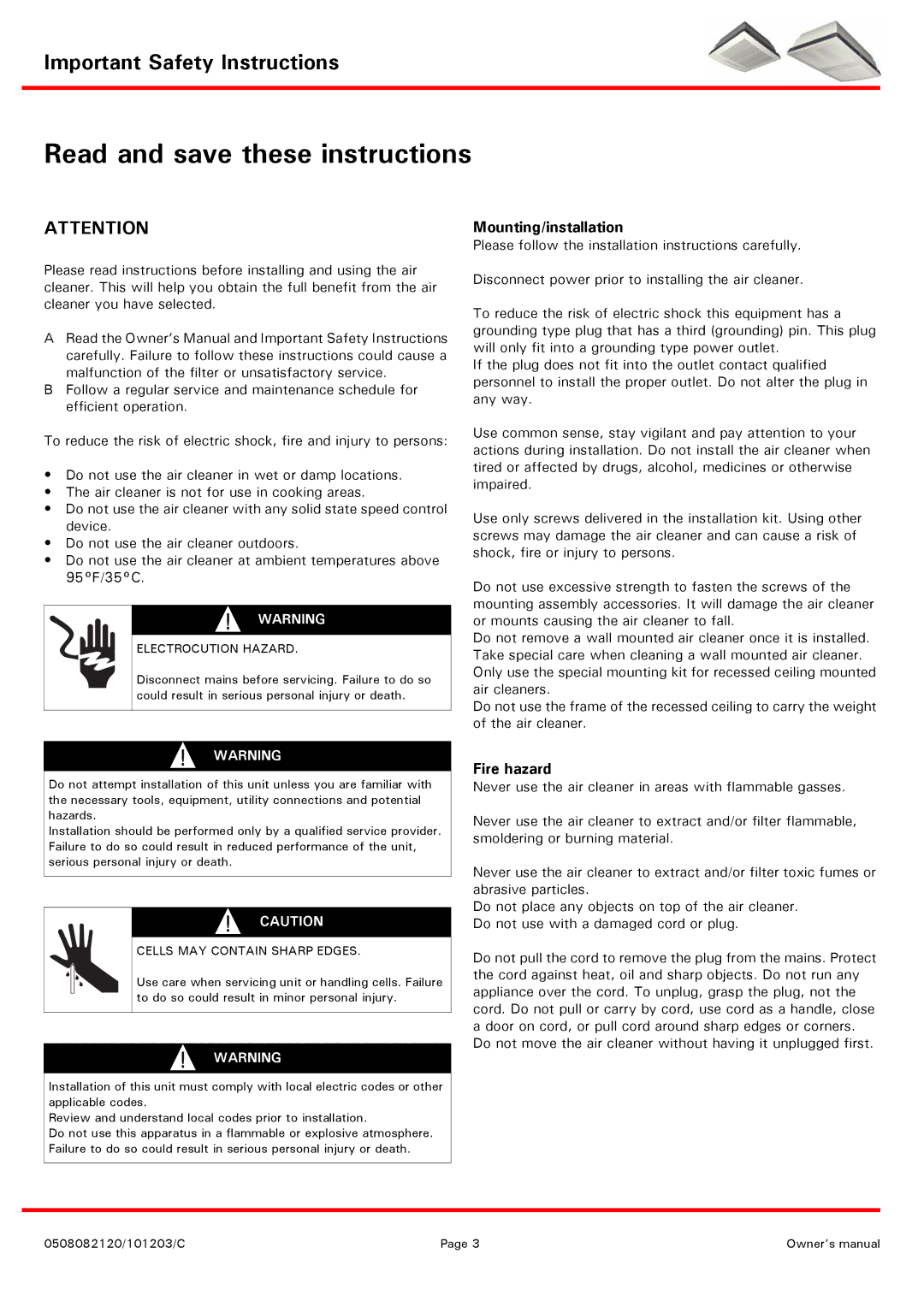 Emerson ECS750B, MCD1200W, MCS600B, ECD1500B, ECD1500W, 2SD1 Important Safety Instructions, Mounting/installation, Fire hazard 