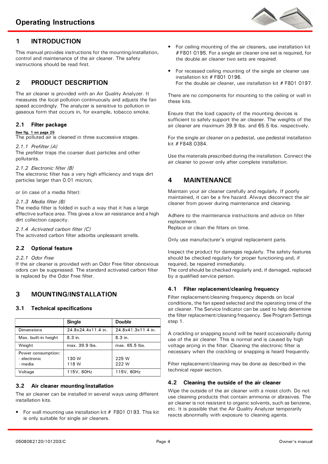 Emerson MCS600W, MCD1200W Operating Instructions, Introduction, Product Description, Maintenance, Mounting/Installation 