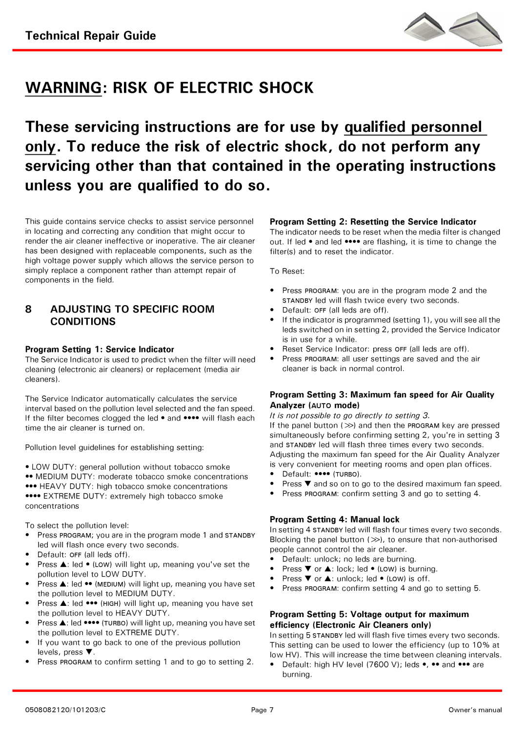 Emerson MCS600B, MCD1200W Technical Repair Guide, Adjusting to Specific Room Conditions, Program Setting 4 Manual lock 