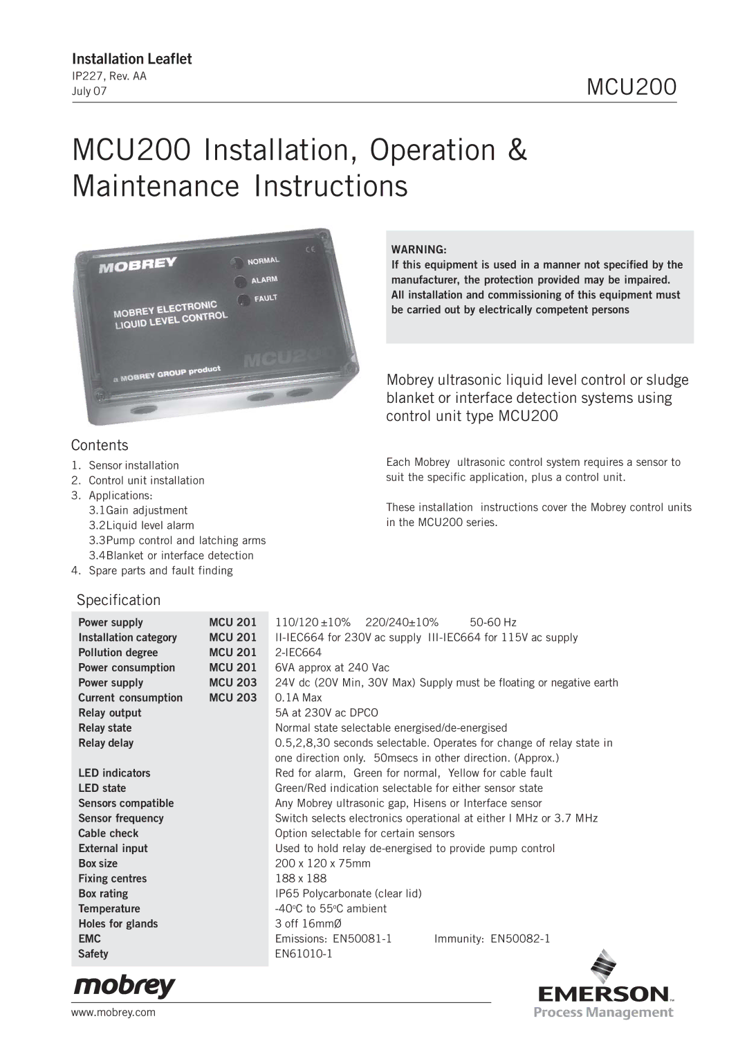 Emerson MCU200 installation instructions Contents, Specification 