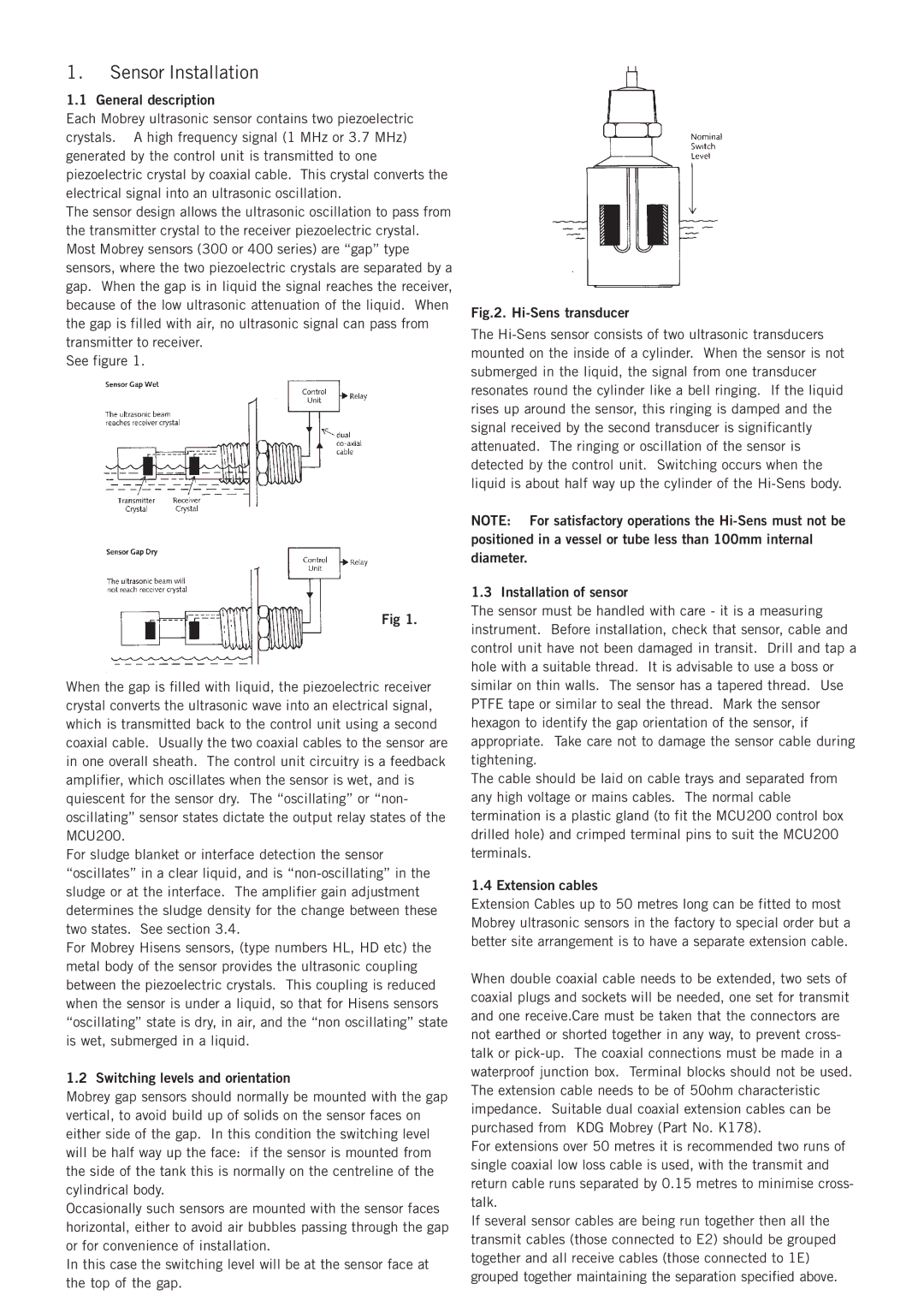 Emerson MCU200 Sensor Installation, General description, Switching levels and orientation, Installation of sensor 