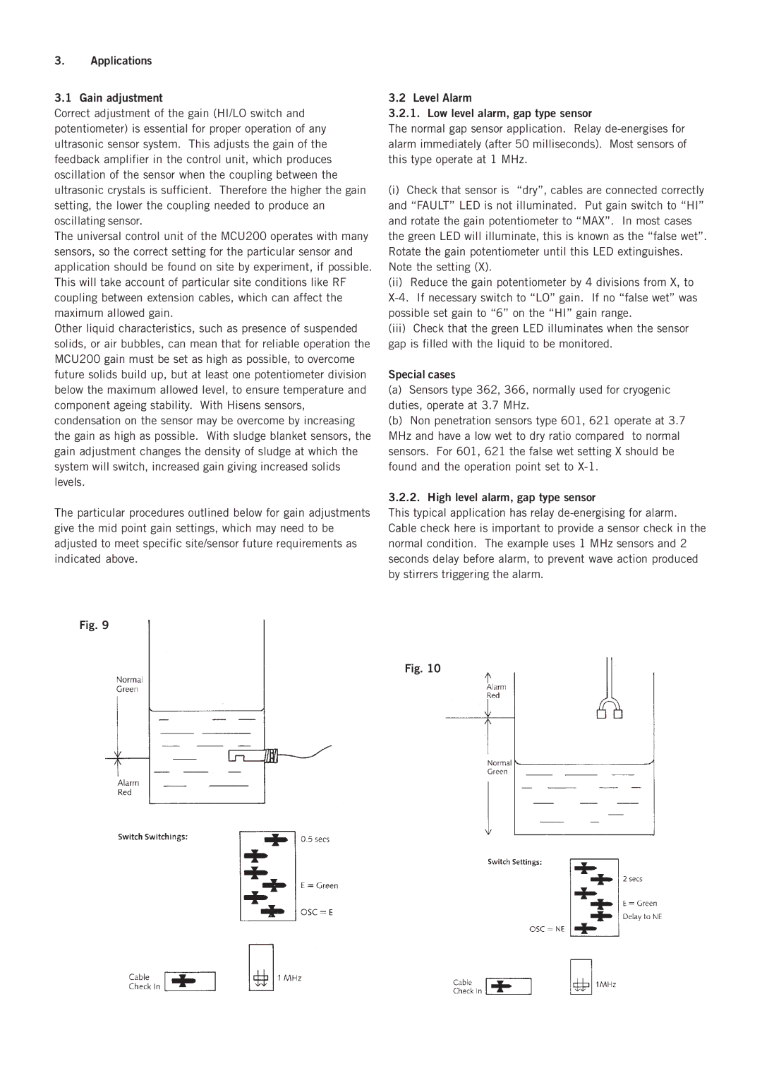 Emerson MCU200 Applications Gain adjustment, Level Alarm Low level alarm, gap type sensor, Special cases 