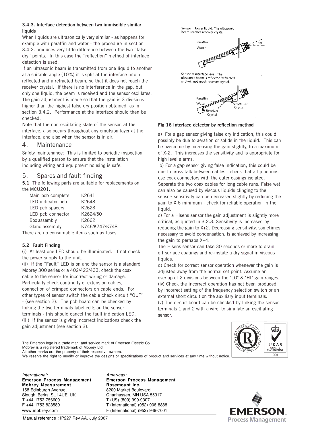 Emerson MCU200 Interface detector by reflection method, Emerson Process Management Mobrey Measurement Rosemount Inc 