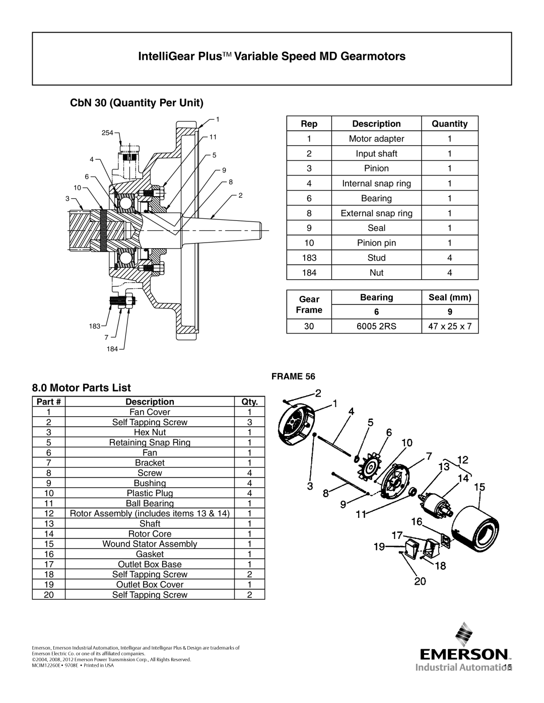 Emerson BW1, MD manual Motor Parts List, Description Qty 