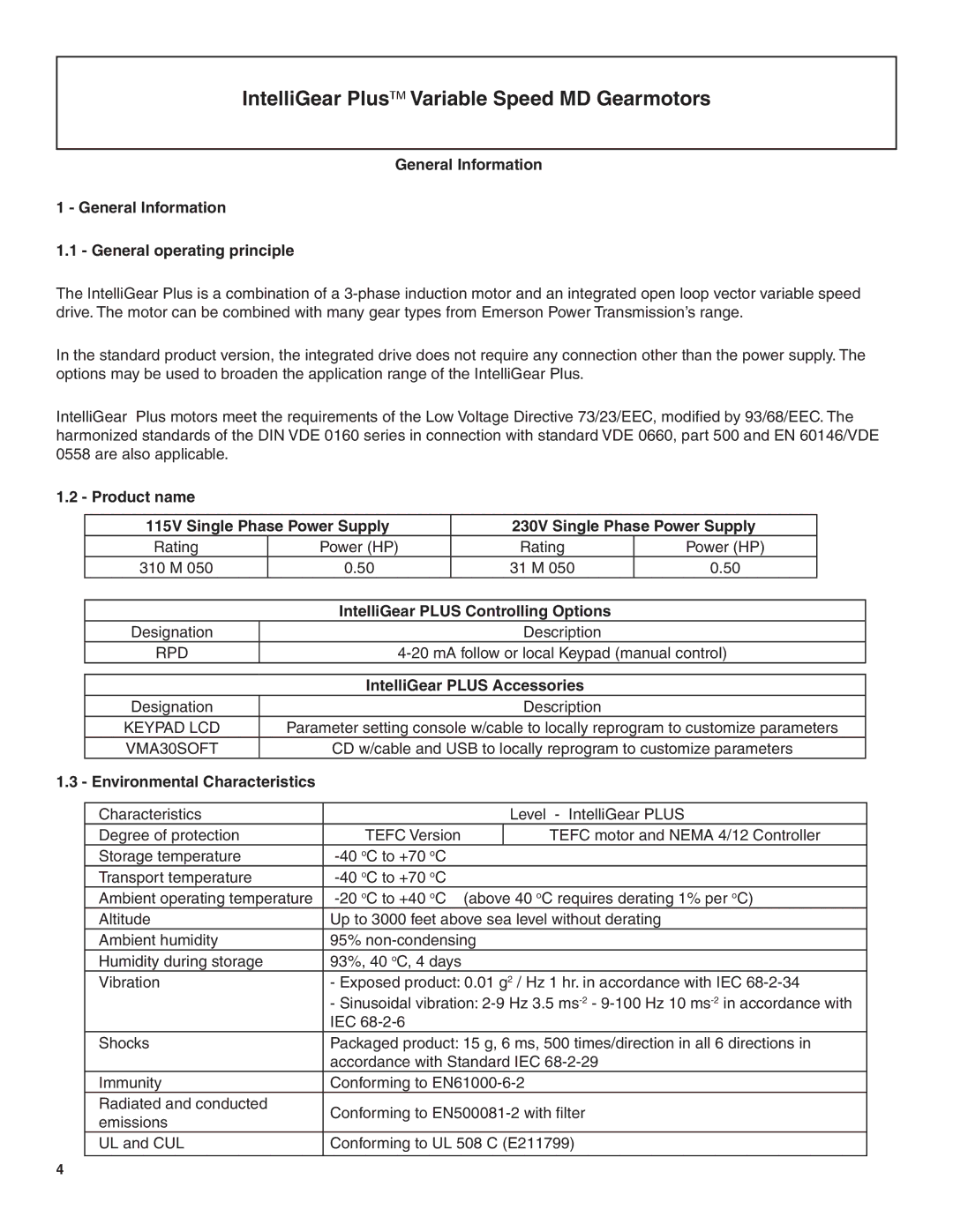 Emerson MD, BW1 manual General Information General operating principle, IntelliGear Plus Controlling Options 