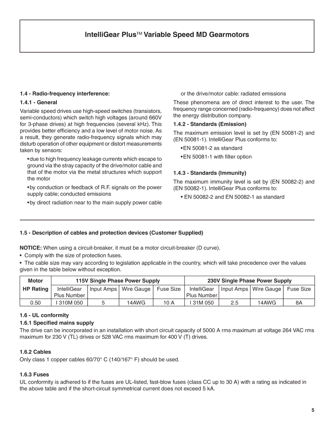 Emerson BW1, MD manual Radio-frequency interference 1.4.1 General, Standards Emission, Standards Immunity, Cables, Fuses 