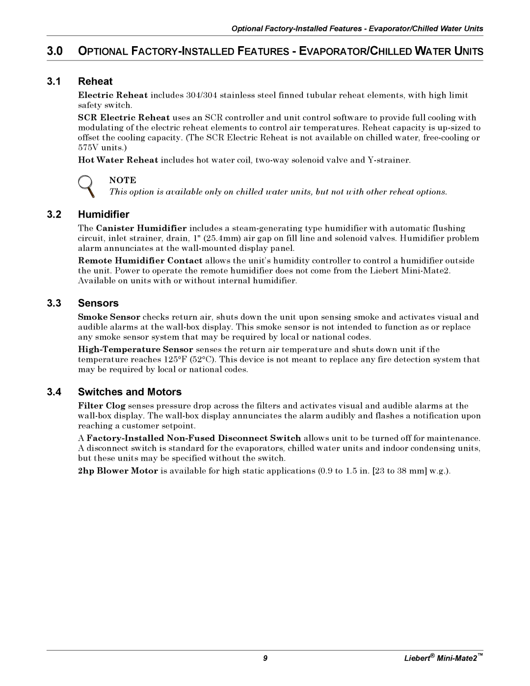 Emerson MINI-MATE2 user manual Reheat, Humidifier, Sensors, Switches and Motors 