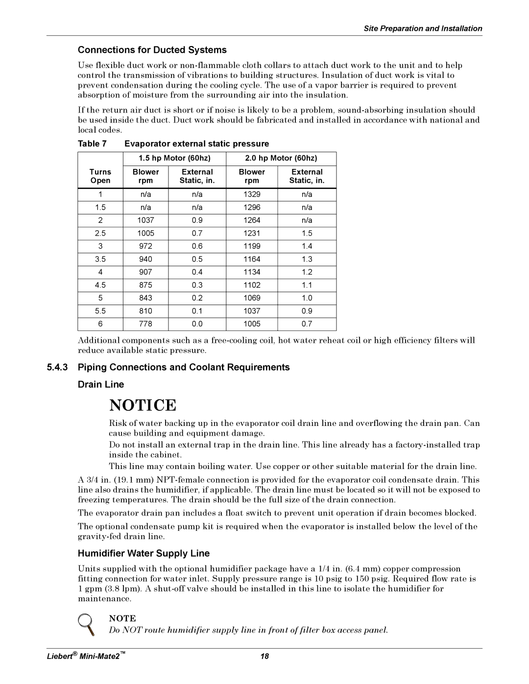 Emerson MINI-MATE2 user manual Connections for Ducted Systems, Piping Connections and Coolant Requirements Drain Line 