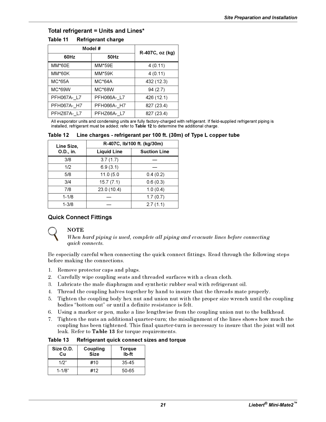 Emerson MINI-MATE2 user manual Total refrigerant = Units and Lines, Quick Connect Fittings, Refrigerant charge 