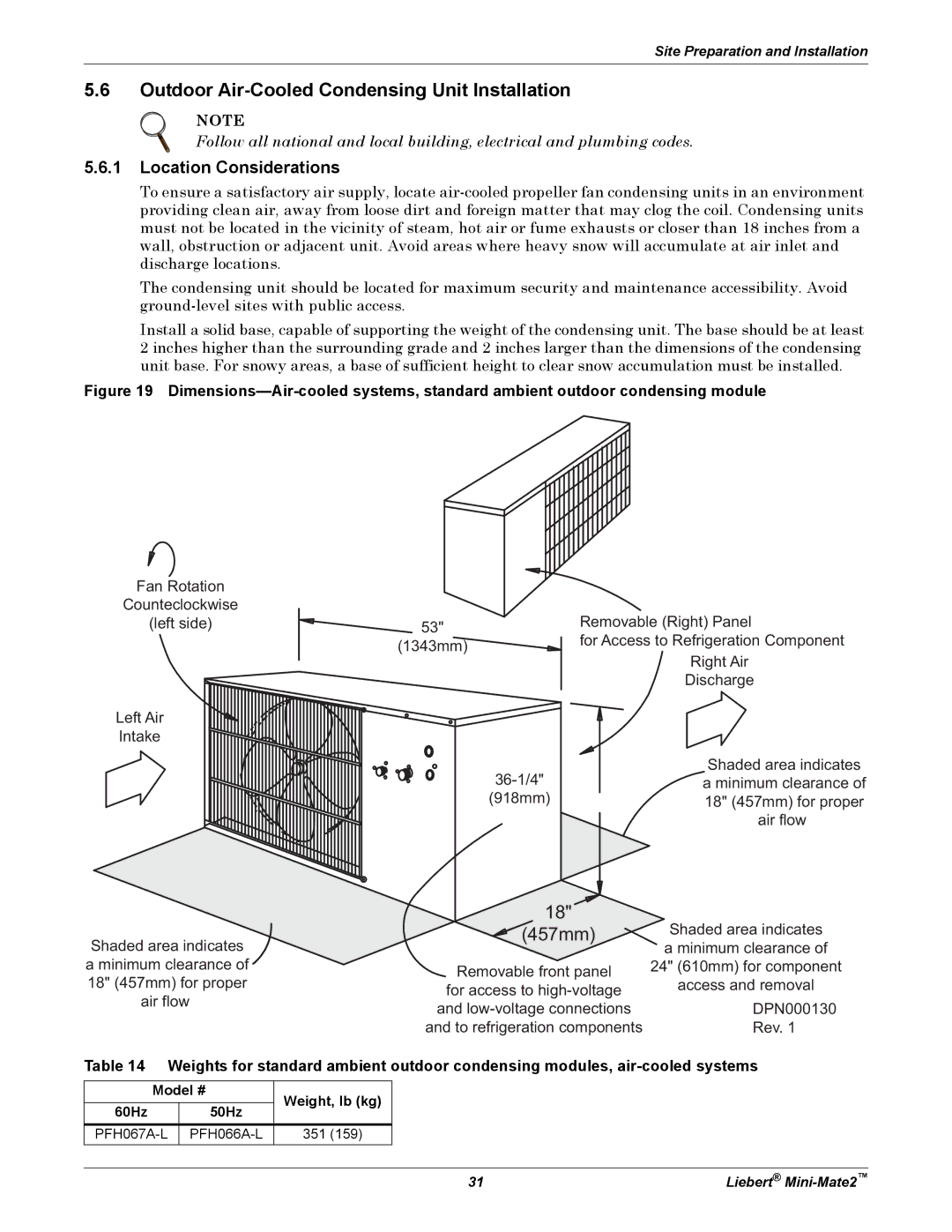 Emerson MINI-MATE2 user manual Outdoor Air-Cooled Condensing Unit Installation, Model # 60Hz 50Hz, Weight, lb kg 