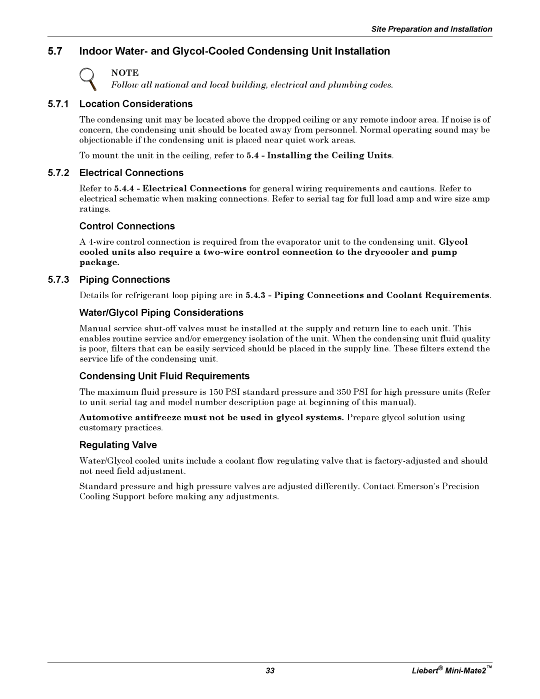 Emerson MINI-MATE2 user manual Water/Glycol Piping Considerations, Condensing Unit Fluid Requirements, Regulating Valve 