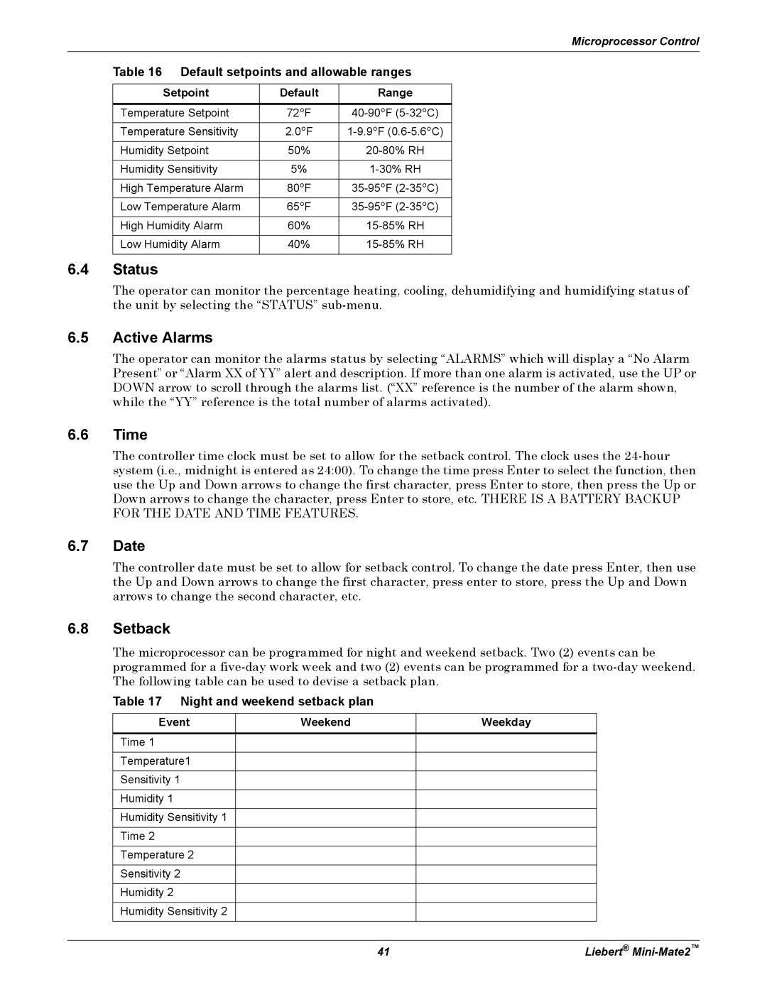 Emerson MINI-MATE2 user manual Status, Active Alarms, Time, Date, Setback 