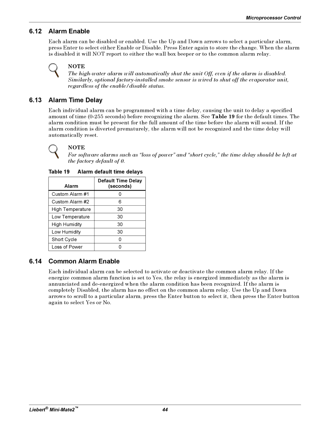 Emerson MINI-MATE2 user manual Alarm Time Delay, Common Alarm Enable, Alarm default time delays 