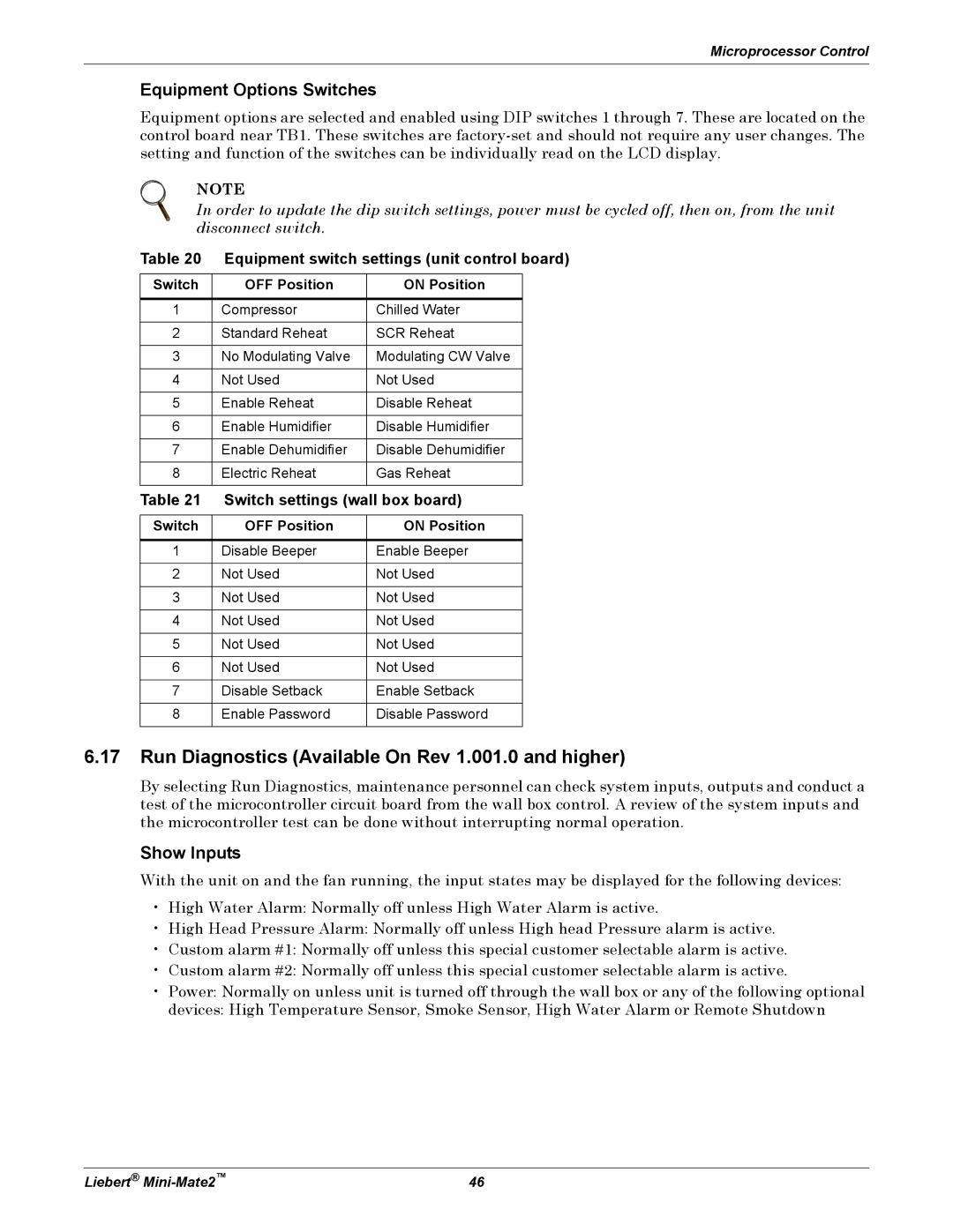 Emerson MINI-MATE2 user manual Run Diagnostics Available On Rev 1.001.0 and higher, Equipment Options Switches, Show Inputs 