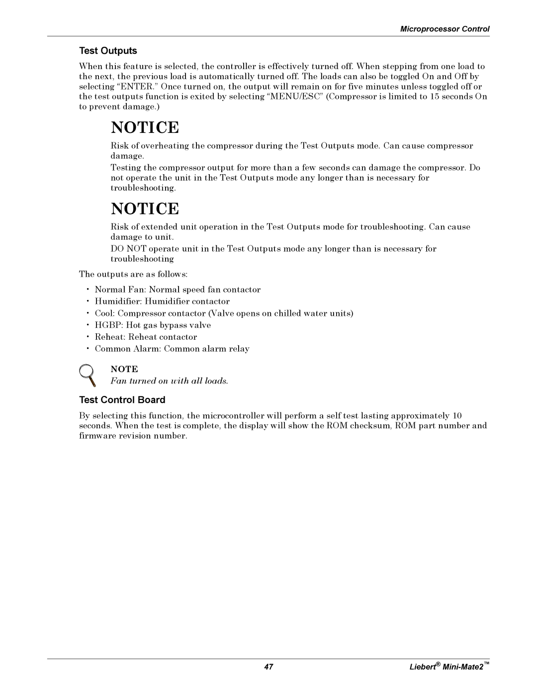 Emerson MINI-MATE2 user manual Test Outputs, Test Control Board 