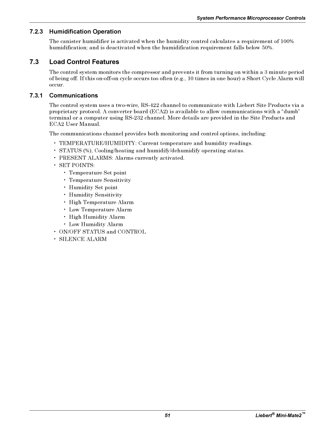 Emerson MINI-MATE2 user manual Load Control Features, Humidification Operation, Communications 