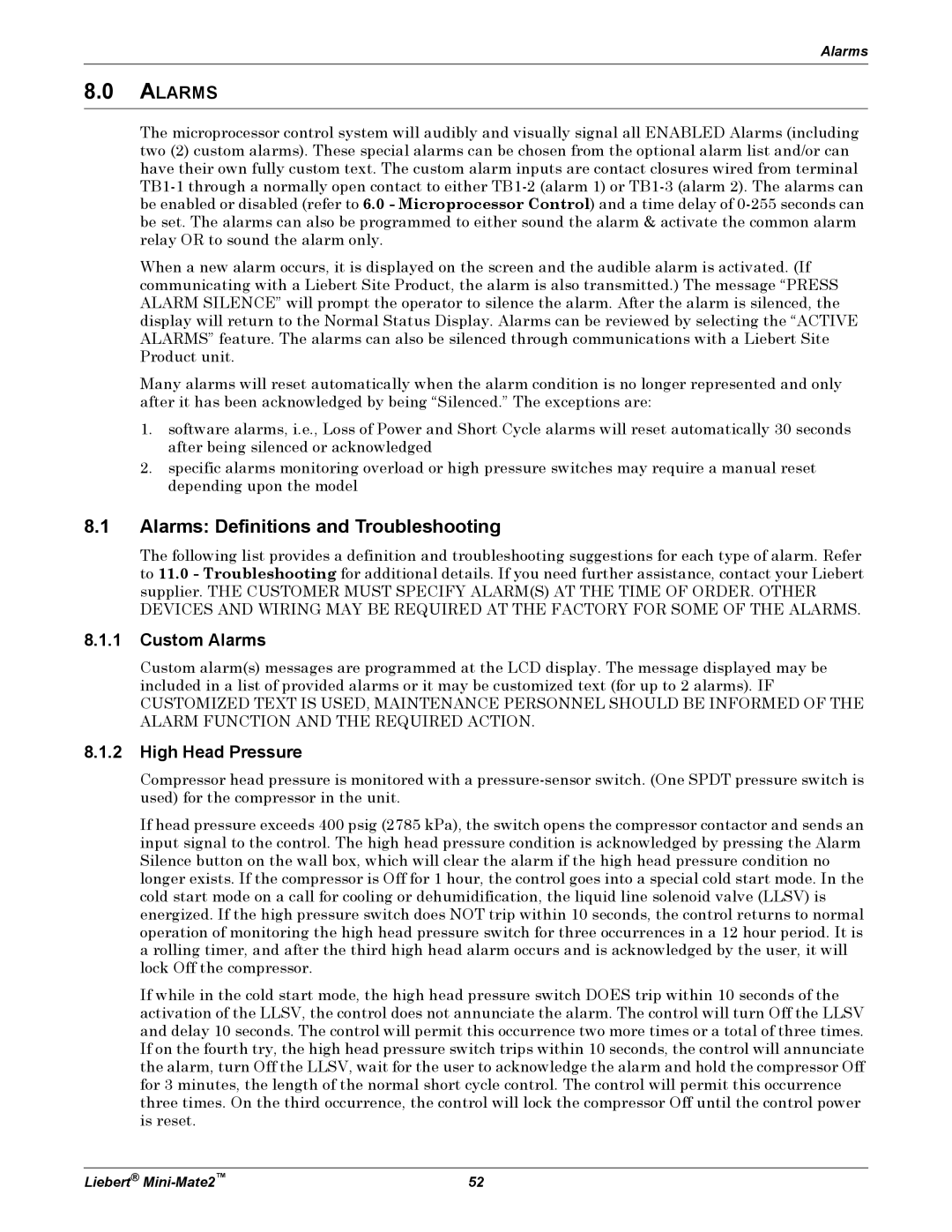 Emerson MINI-MATE2 user manual Alarms Definitions and Troubleshooting, Custom Alarms, High Head Pressure 