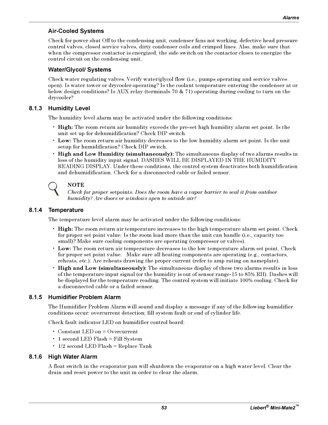 Emerson MINI-MATE2 Air-Cooled Systems, Water/Glycol/ Systems, Humidity Level, Temperature, Humidifier Problem Alarm 