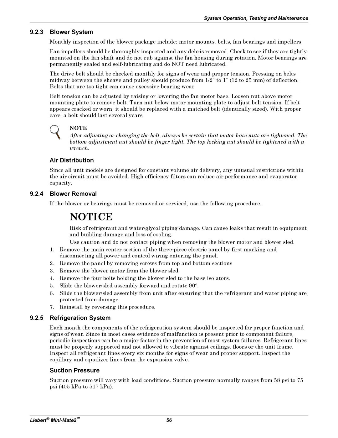 Emerson MINI-MATE2 user manual Blower System, Air Distribution, Blower Removal, Refrigeration System, Suction Pressure 