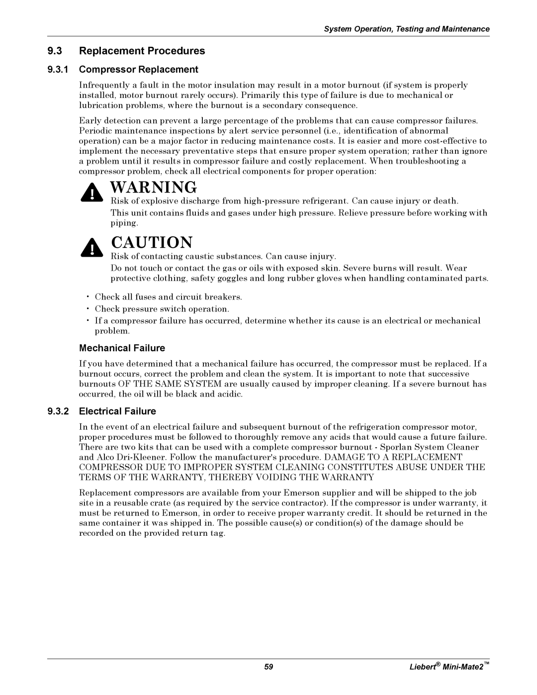 Emerson MINI-MATE2 user manual Replacement Procedures, Compressor Replacement, Mechanical Failure, Electrical Failure 