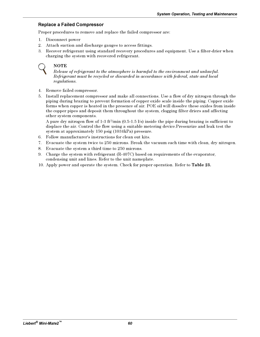 Emerson MINI-MATE2 user manual Replace a Failed Compressor 