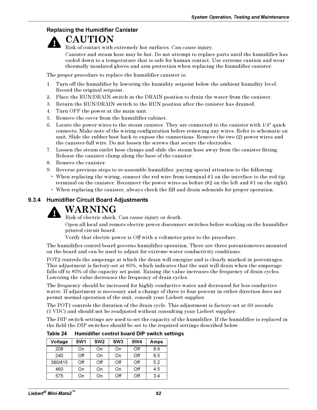 Emerson MINI-MATE2 user manual Replacing the Humidifier Canister, Humidifier Circuit Board Adjustments, Amps 