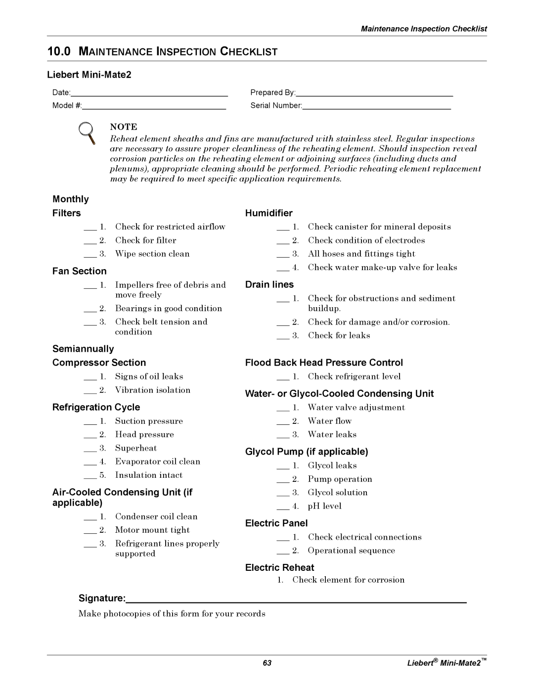 Emerson MINI-MATE2 user manual Maintenance Inspection Checklist 