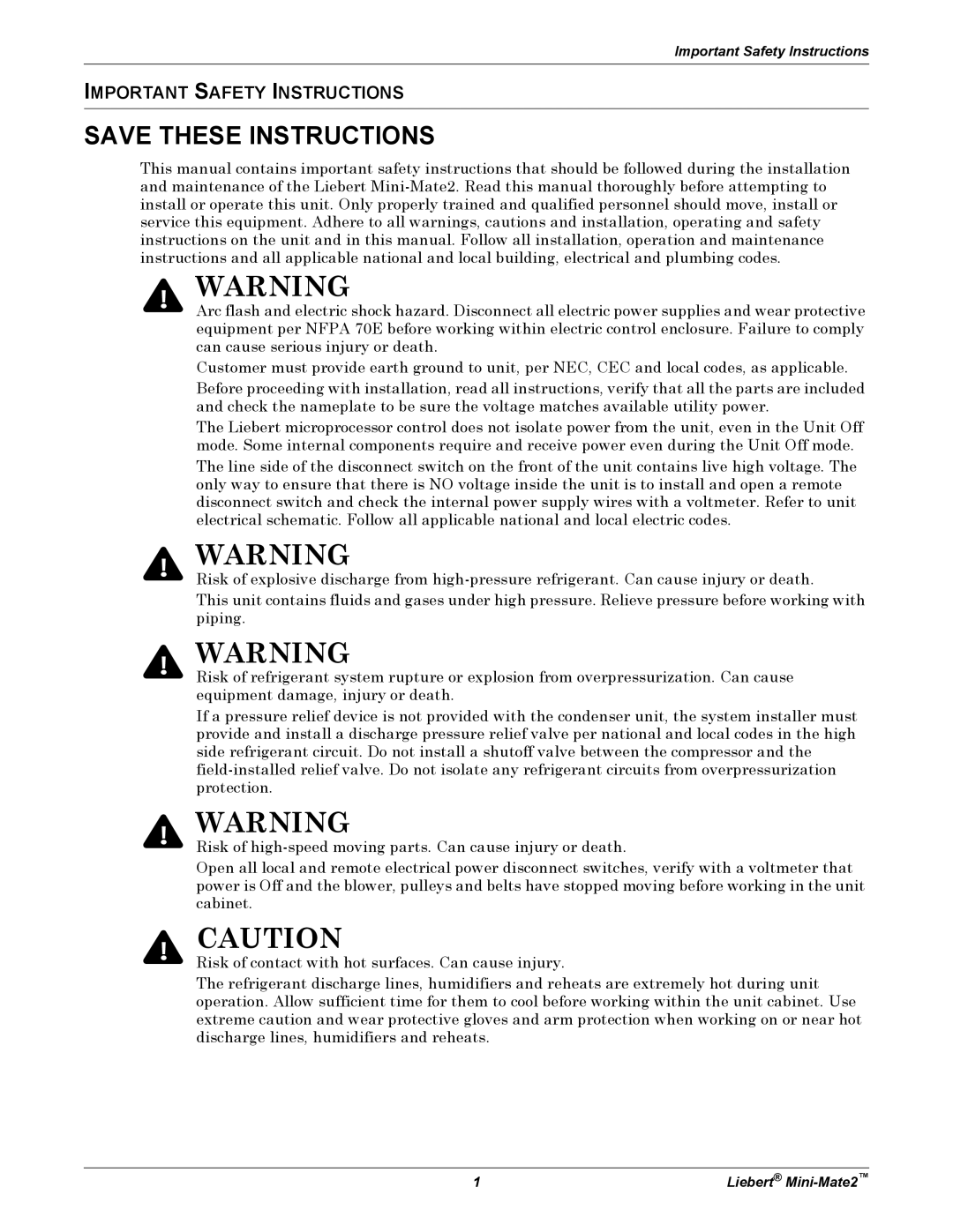 Emerson MINI-MATE2 user manual Important Safety Instructions 