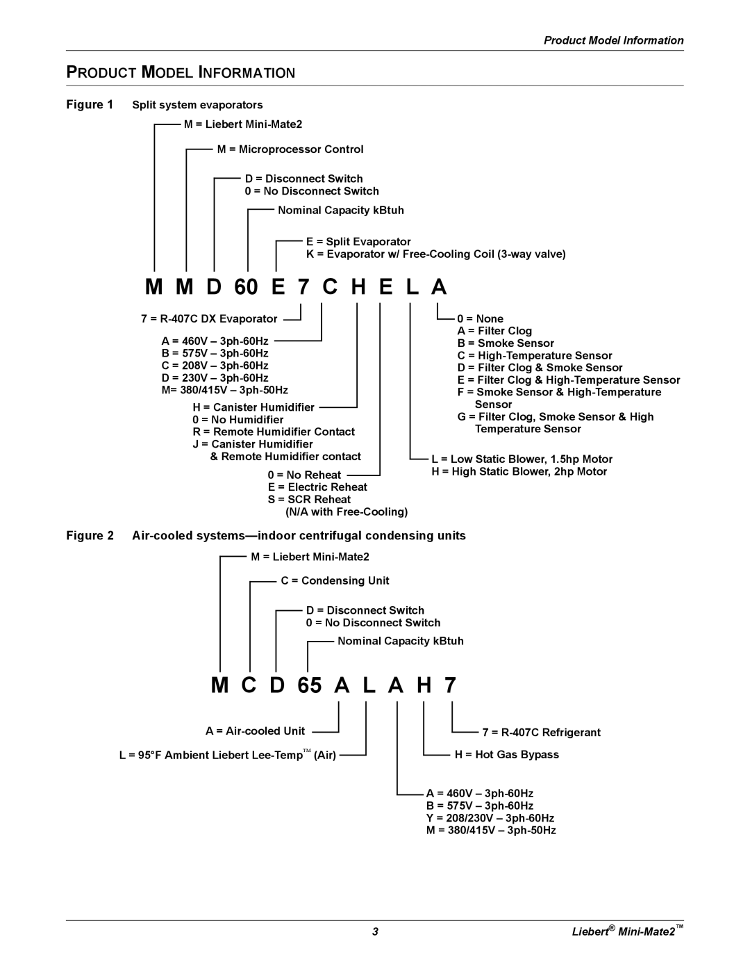 Emerson MINI-MATE2 user manual Product Model Information, Air-cooled systems-indoor centrifugal condensing units 