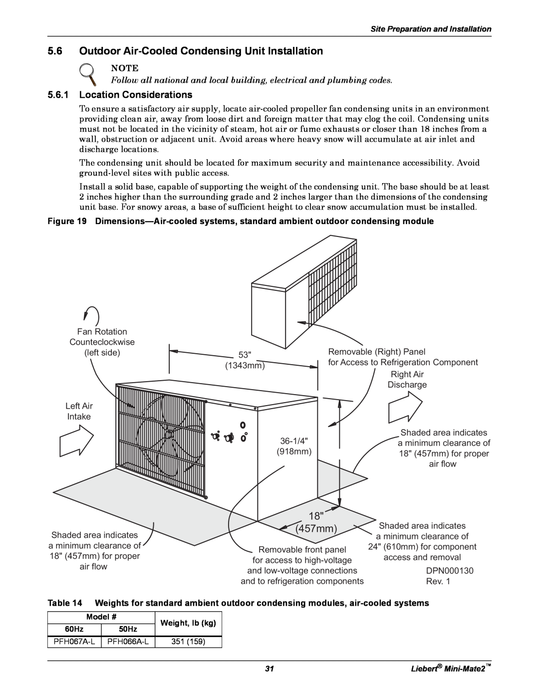 Emerson MINI-MATE2 user manual 457mm, 5.6Outdoor Air-CooledCondensing Unit Installation, 5.6.1Location Considerations 