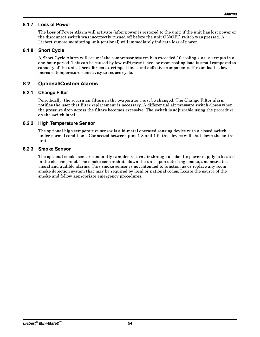 Emerson MINI-MATE2 user manual 8.1.7Loss of Power, 8.1.8Short Cycle, 8.2.1Change Filter, 8.2.2High Temperature Sensor 